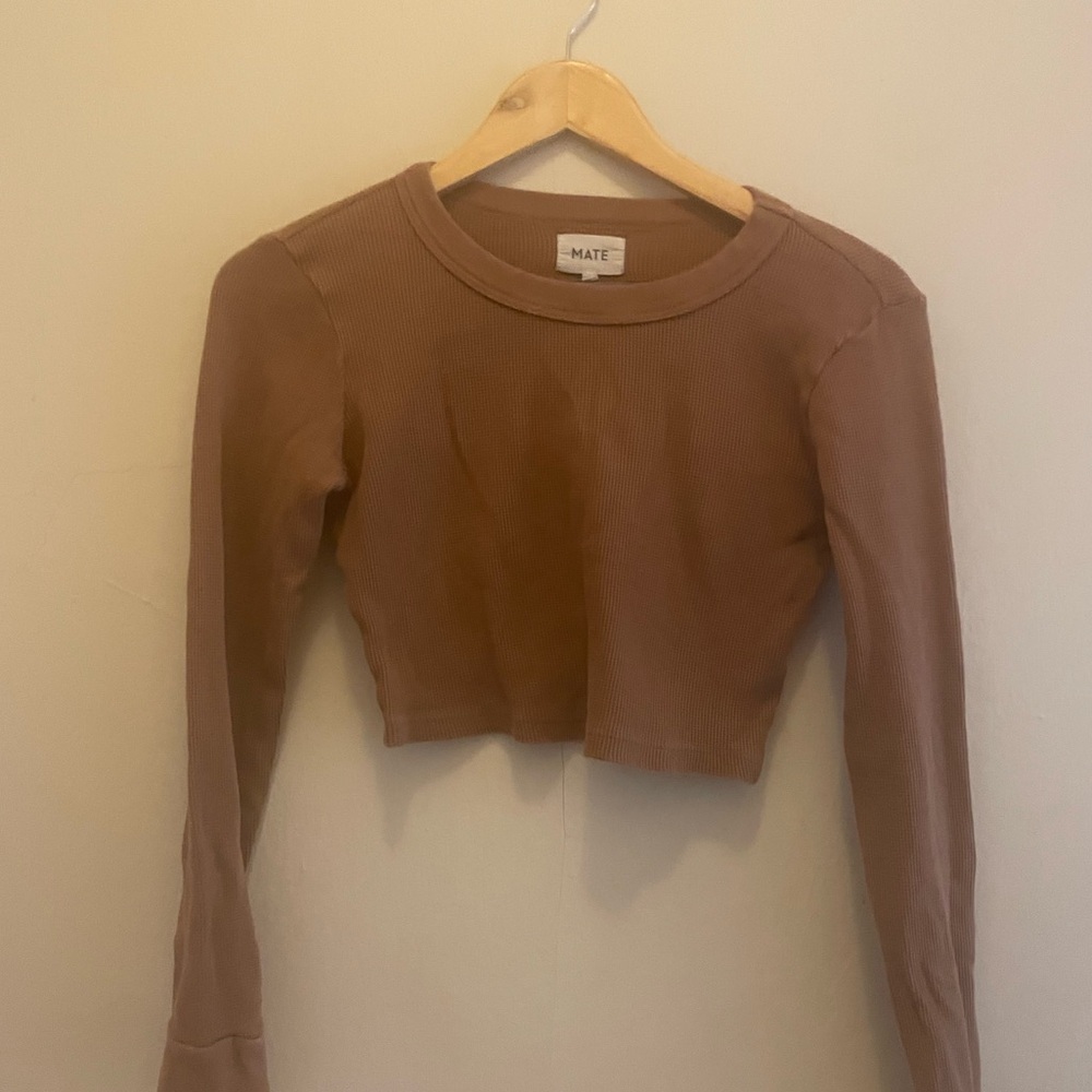 MATE THE LABEL EUC TAN TEDDY BROWN WAFFLE KNIT THERMAL LONG SLEEVE CROP TOP XS